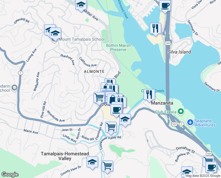 map of restaurants, bars, coffee shops, grocery stores, and more near 244 Almonte Boulevard in Mill Valley