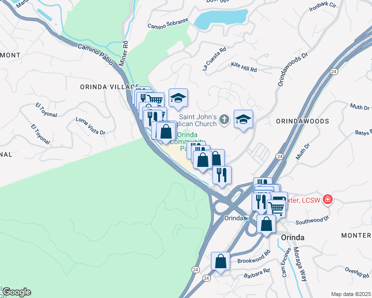 map of restaurants, bars, coffee shops, grocery stores, and more near Orinda Way in Orinda