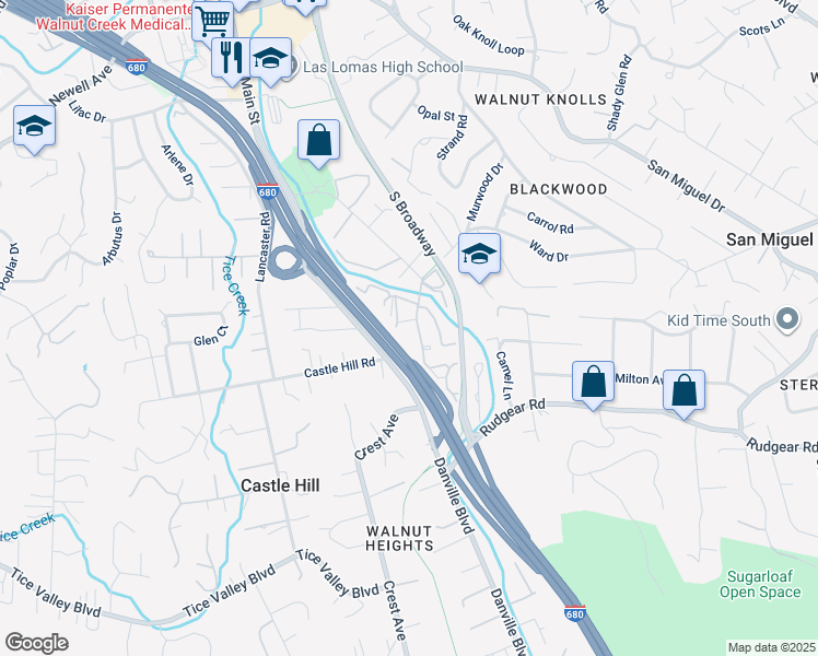 map of restaurants, bars, coffee shops, grocery stores, and more near 1357 Creekside Drive in Walnut Creek