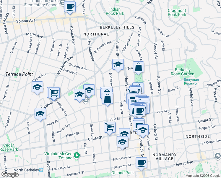 map of restaurants, bars, coffee shops, grocery stores, and more near 1910 Berryman Street in Berkeley
