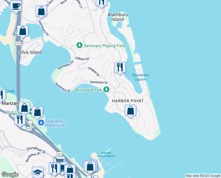 map of restaurants, bars, coffee shops, grocery stores, and more near 12 Great Circle Drive in Mill Valley