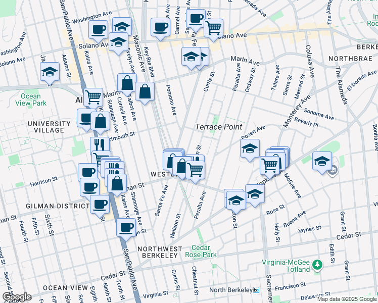 map of restaurants, bars, coffee shops, grocery stores, and more near 1197 Curtis Street in Albany