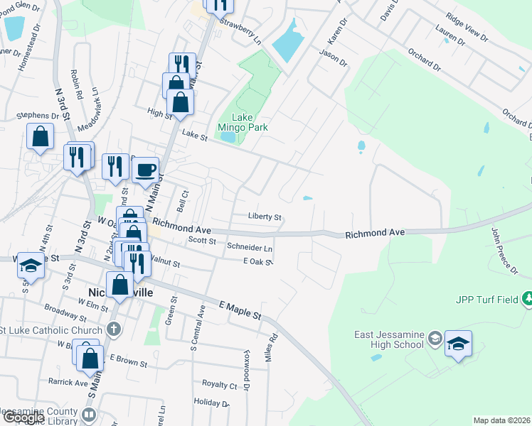 map of restaurants, bars, coffee shops, grocery stores, and more near 111 Liberty Street in Nicholasville