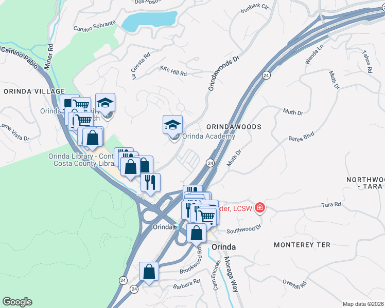 map of restaurants, bars, coffee shops, grocery stores, and more near 2 Jack Tree Knoll in Orinda