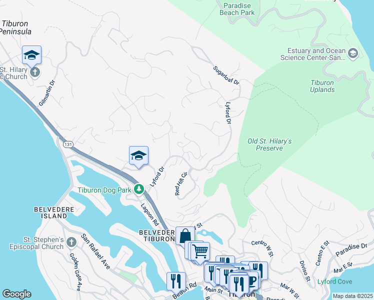map of restaurants, bars, coffee shops, grocery stores, and more near 90 Marinero Circle in Tiburon