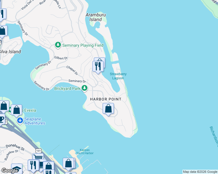 map of restaurants, bars, coffee shops, grocery stores, and more near 2 Harbor Point Drive in Mill Valley