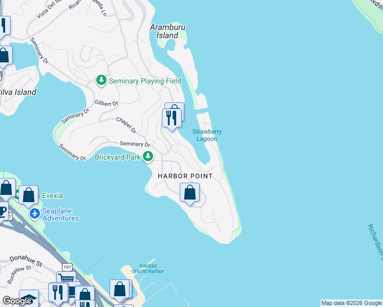 map of restaurants, bars, coffee shops, grocery stores, and more near 1 Harbor Point Drive in Mill Valley