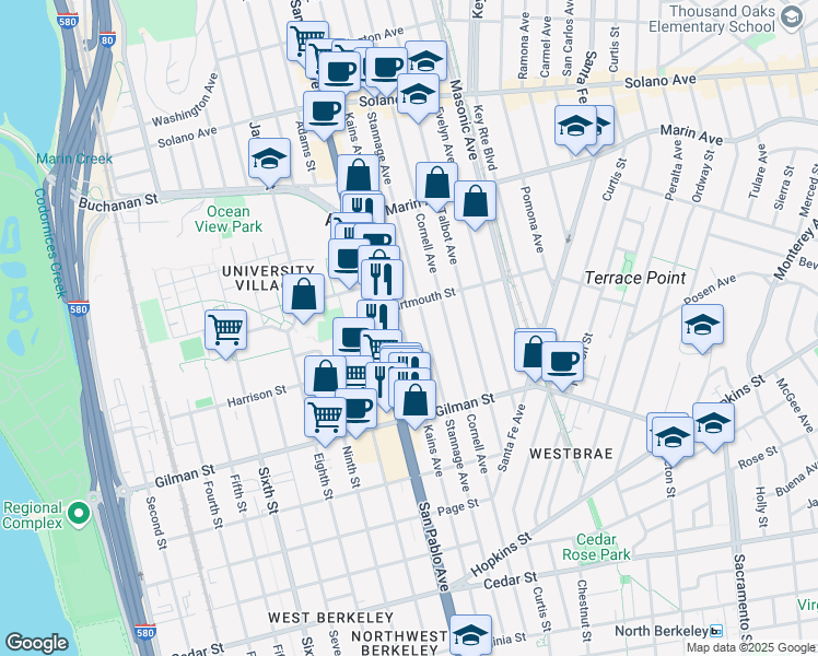 map of restaurants, bars, coffee shops, grocery stores, and more near 1119 Kains Avenue in Albany