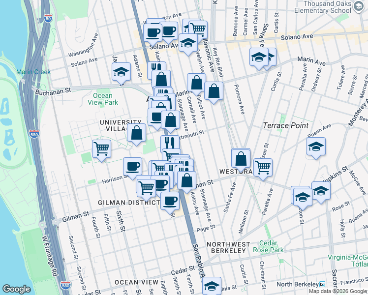 map of restaurants, bars, coffee shops, grocery stores, and more near 1119 Kains Avenue in Albany