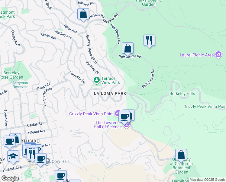 map of restaurants, bars, coffee shops, grocery stores, and more near 1455 Grizzly Peak Boulevard in Berkeley