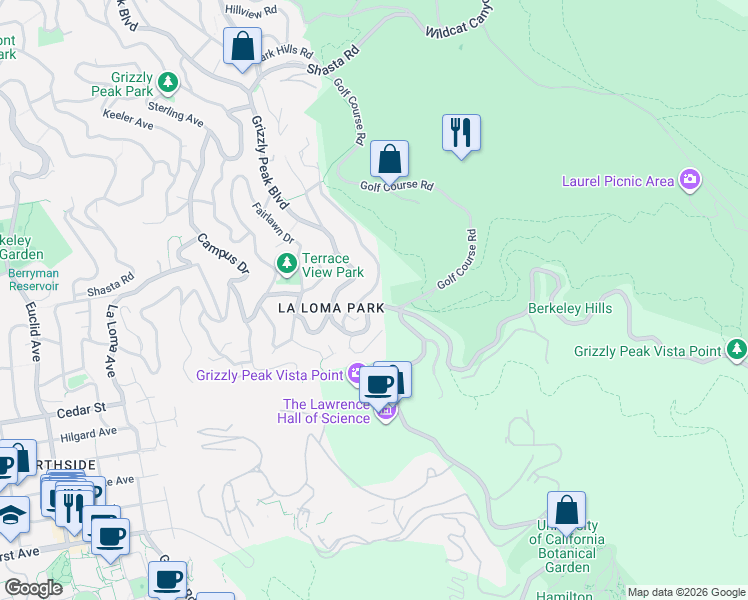 map of restaurants, bars, coffee shops, grocery stores, and more near 1440 Summit Road in Berkeley