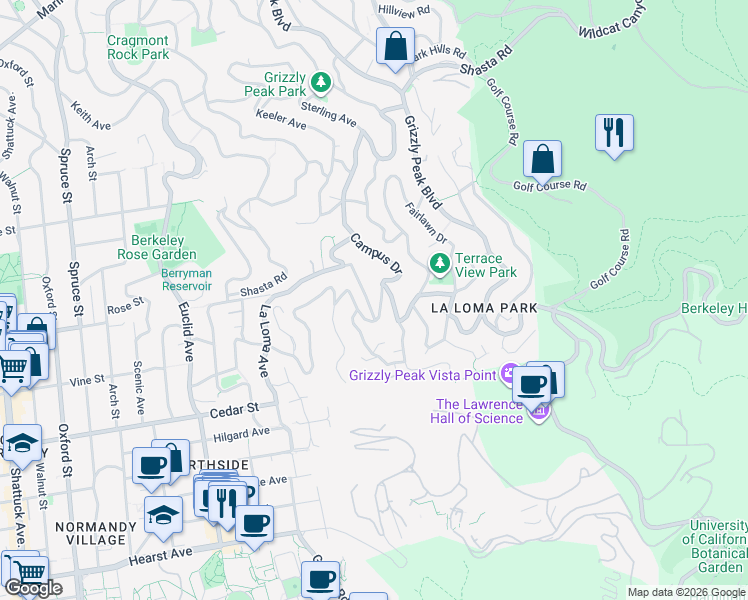map of restaurants, bars, coffee shops, grocery stores, and more near 1405 Campus Drive in Berkeley