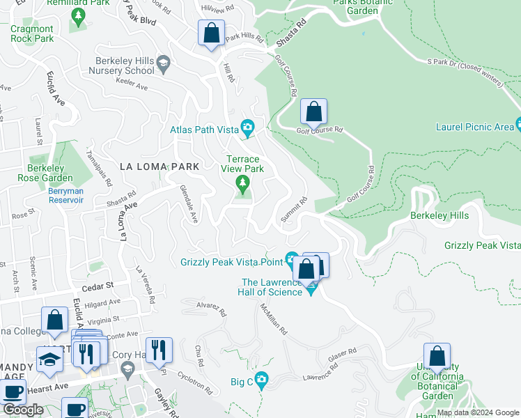 map of restaurants, bars, coffee shops, grocery stores, and more near 100 Avenida Drive in Berkeley