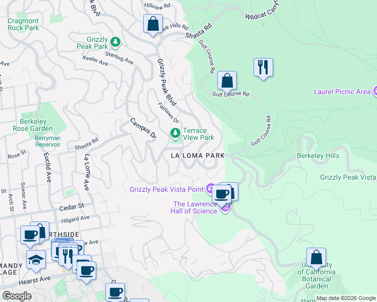 map of restaurants, bars, coffee shops, grocery stores, and more near 100 Avenida Drive in Berkeley