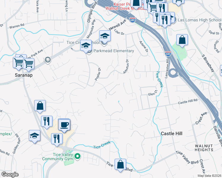 map of restaurants, bars, coffee shops, grocery stores, and more near 156 Del Monte Drive in Walnut Creek