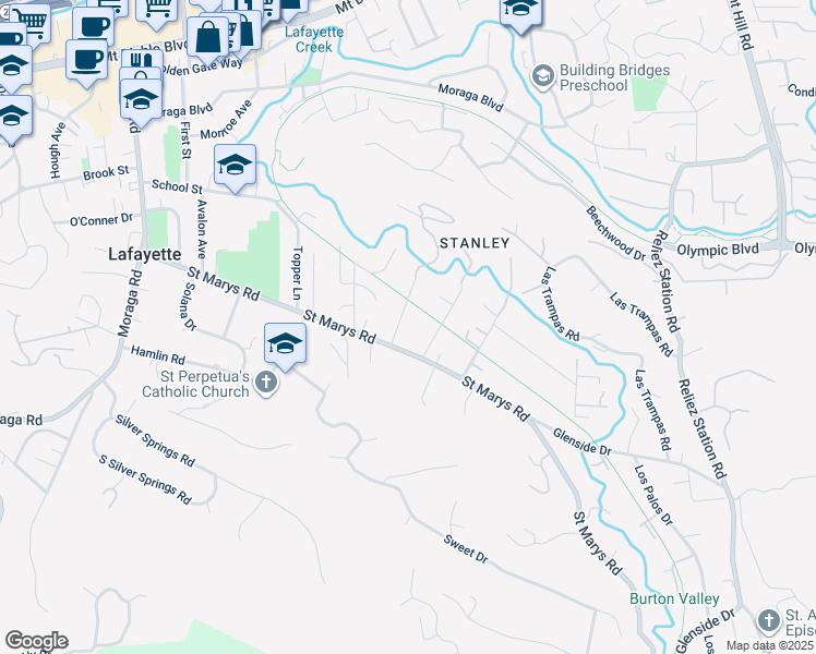 map of restaurants, bars, coffee shops, grocery stores, and more near 840 Broadmoor Court in Lafayette