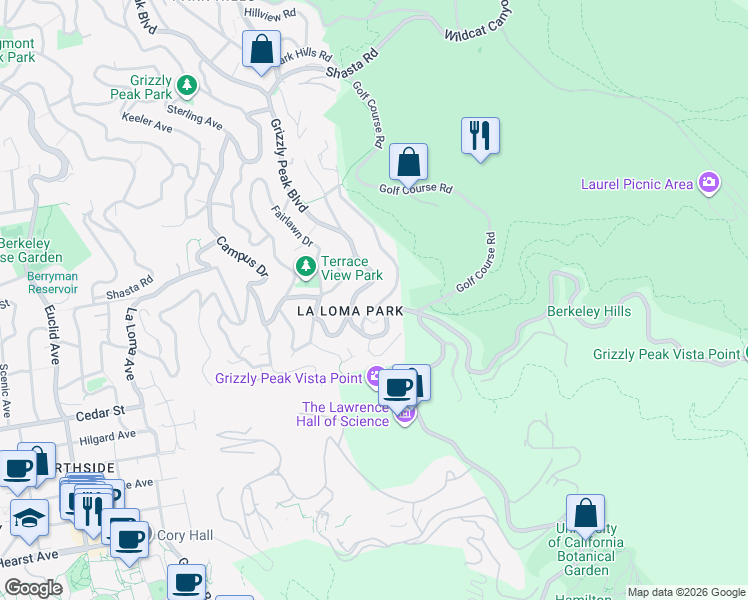 map of restaurants, bars, coffee shops, grocery stores, and more near 1468 Summit Road in Berkeley