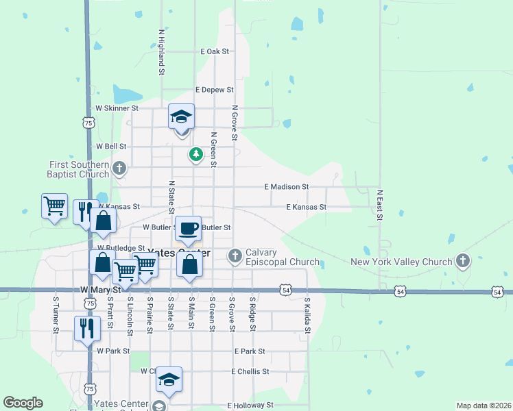 map of restaurants, bars, coffee shops, grocery stores, and more near 402 East Madison Street in Yates Center