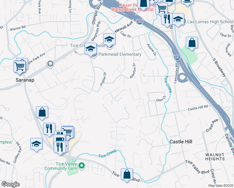 map of restaurants, bars, coffee shops, grocery stores, and more near 156 Del Monte Drive in Walnut Creek