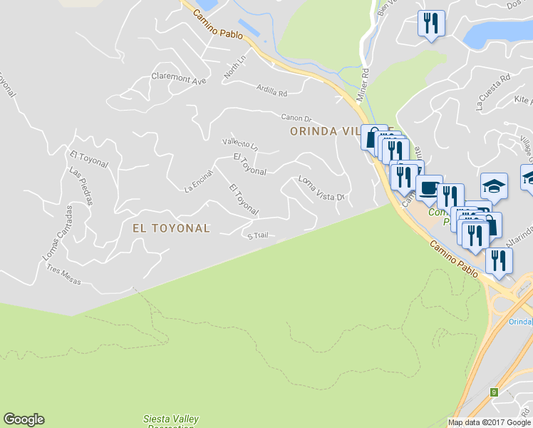 map of restaurants, bars, coffee shops, grocery stores, and more near 90 Loma Vista Drive in Orinda