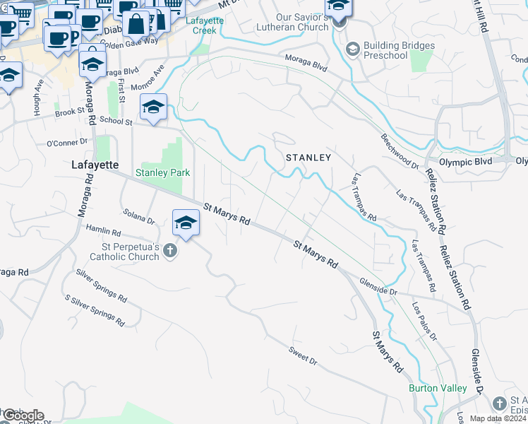 map of restaurants, bars, coffee shops, grocery stores, and more near 840 Broadmoor Court in Lafayette