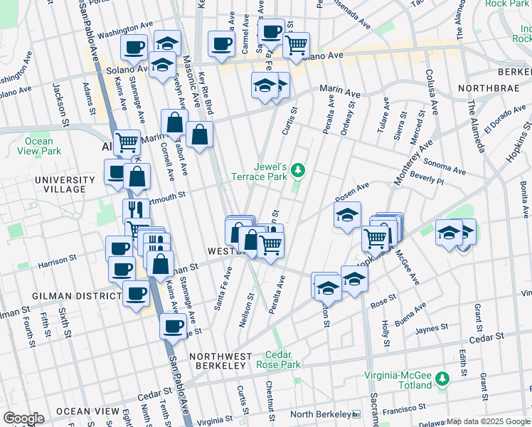 map of restaurants, bars, coffee shops, grocery stores, and more near 1118 Curtis Street in Albany