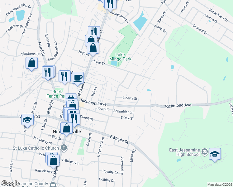map of restaurants, bars, coffee shops, grocery stores, and more near 500 North Central Avenue in Nicholasville