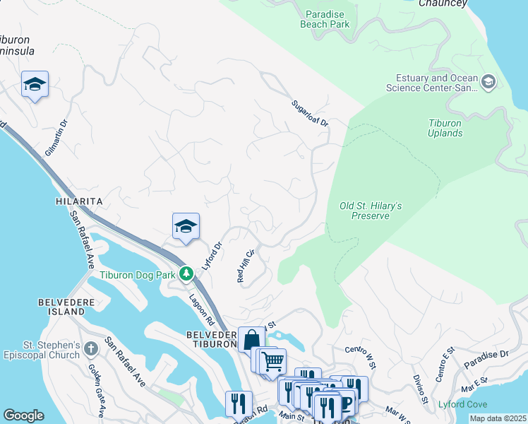 map of restaurants, bars, coffee shops, grocery stores, and more near 5 Acela Drive in Tiburon
