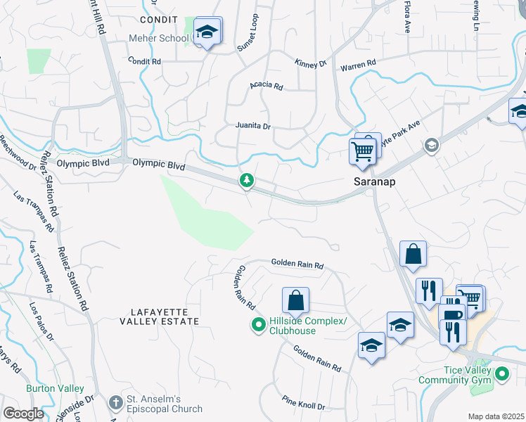 map of restaurants, bars, coffee shops, grocery stores, and more near 221 King Drive in Walnut Creek