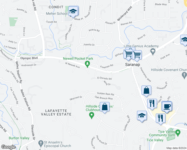map of restaurants, bars, coffee shops, grocery stores, and more near 221 King Drive in Walnut Creek