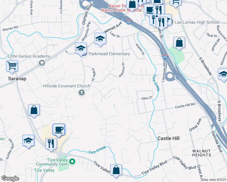 map of restaurants, bars, coffee shops, grocery stores, and more near 165 Del Monte Drive in Walnut Creek