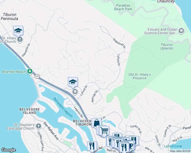 map of restaurants, bars, coffee shops, grocery stores, and more near 90 Marinero Circle in Tiburon