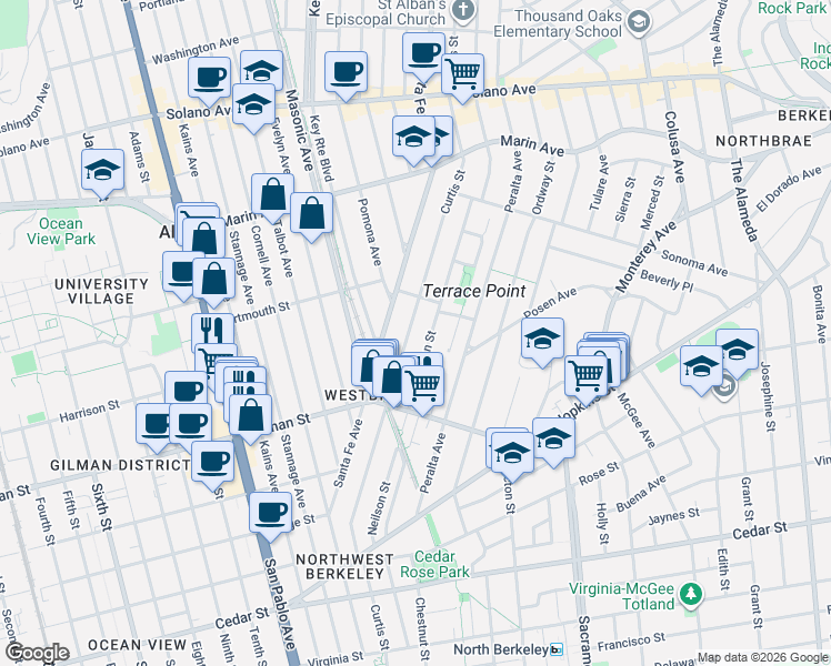 map of restaurants, bars, coffee shops, grocery stores, and more near 1117 Curtis Street in Albany