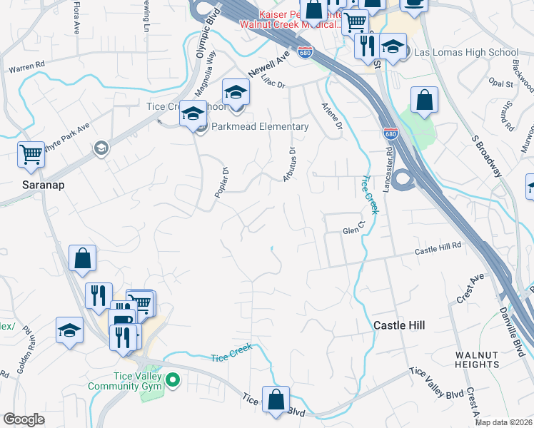 map of restaurants, bars, coffee shops, grocery stores, and more near 165 Del Monte Drive in Walnut Creek
