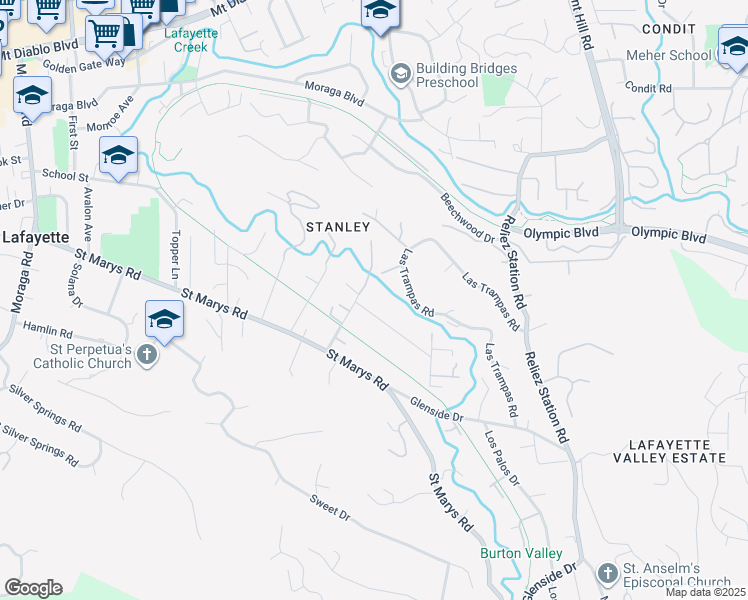 map of restaurants, bars, coffee shops, grocery stores, and more near 3364 Las Huertas Road in Lafayette