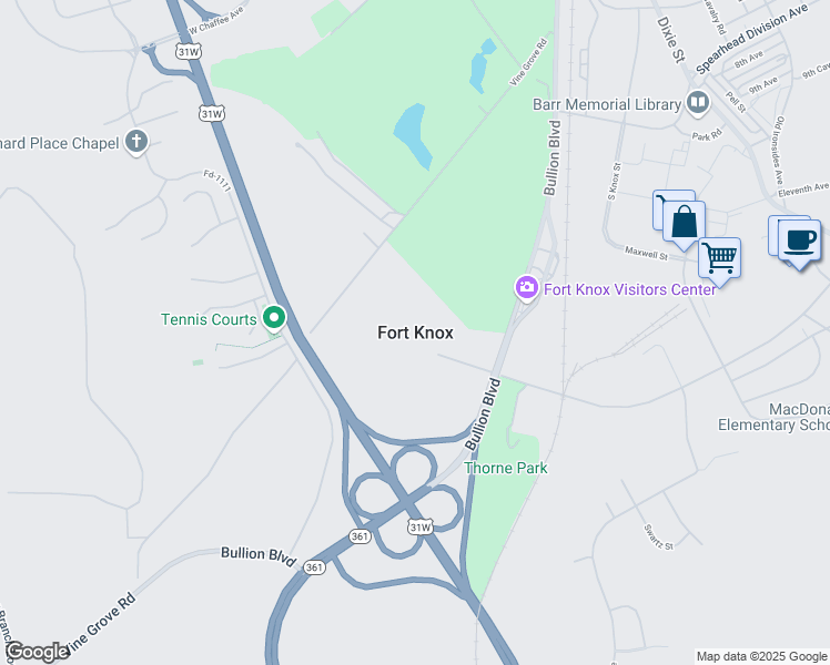 map of restaurants, bars, coffee shops, grocery stores, and more near in Fort Knox