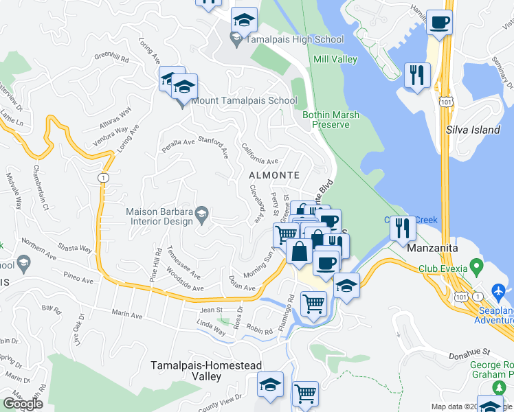 map of restaurants, bars, coffee shops, grocery stores, and more near 250 Cleveland Avenue in Mill Valley