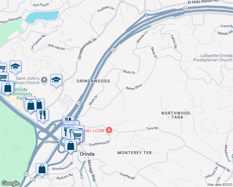 map of restaurants, bars, coffee shops, grocery stores, and more near 25 Bates Boulevard in Orinda