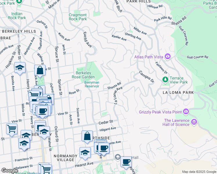 map of restaurants, bars, coffee shops, grocery stores, and more near 2615 Shasta Road in Berkeley