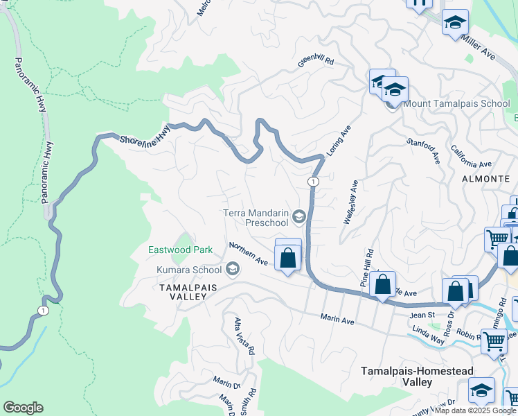 map of restaurants, bars, coffee shops, grocery stores, and more near 803 Everest Court in Mill Valley
