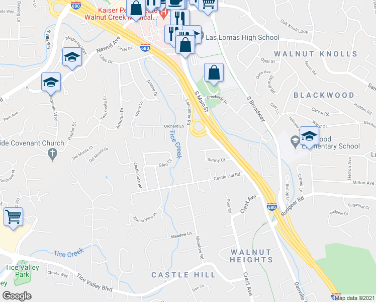 map of restaurants, bars, coffee shops, grocery stores, and more near 174 Lancaster Rd in Walnut Creek