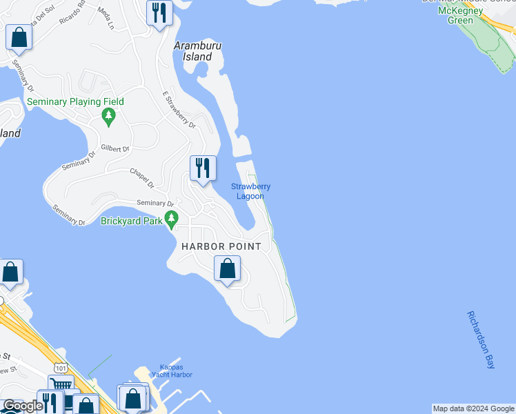 map of restaurants, bars, coffee shops, grocery stores, and more near Egret Way in Mill Valley