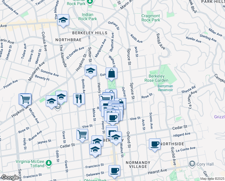 map of restaurants, bars, coffee shops, grocery stores, and more near 1301 Shattuck Avenue in Berkeley