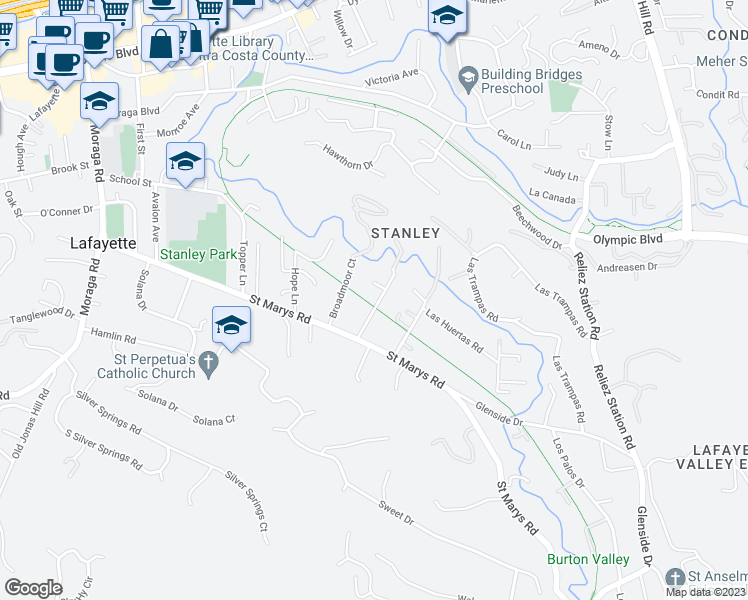 map of restaurants, bars, coffee shops, grocery stores, and more near 845 Santa Maria Way in Lafayette