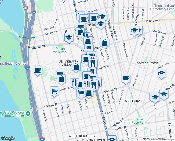 map of restaurants, bars, coffee shops, grocery stores, and more near 1100 San Pablo Avenue in Albany