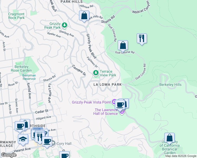 map of restaurants, bars, coffee shops, grocery stores, and more near 231 Fairlawn Drive in Berkeley
