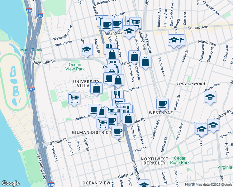 map of restaurants, bars, coffee shops, grocery stores, and more near San Pablo Avenue & Dartmouth Street in Albany