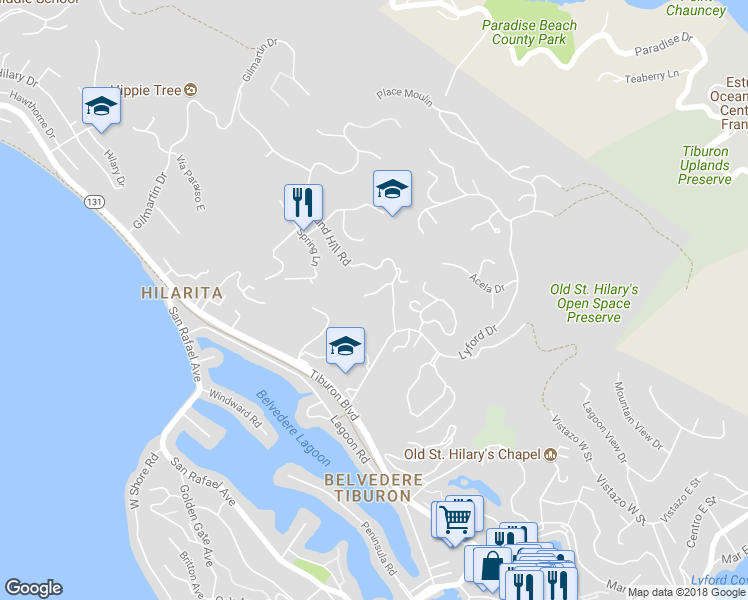 map of restaurants, bars, coffee shops, grocery stores, and more near 77 Round Hill Road in Tiburon
