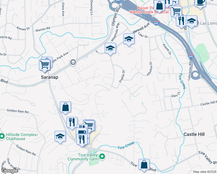 map of restaurants, bars, coffee shops, grocery stores, and more near 1807 Poplar Drive in Walnut Creek