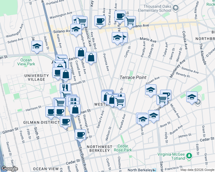 map of restaurants, bars, coffee shops, grocery stores, and more near 1127 Key Route Boulevard in Albany